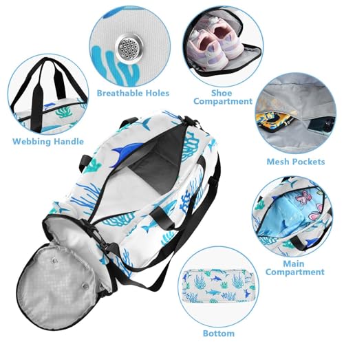 Sharks Blue Kids Travel Duffel Bag for Boys Girls Overnight Weekend Tote Bag with Shoes Compartment for Sleepover Trip Beach4