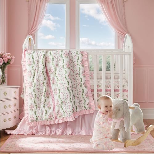 Image of Brandream Organic Crib Fitted Sheets for Baby Girls, Floral Stripes and Vines Grandmillennial Fitted Crib Sheet for Standard Crib /Toddler Mattress Super Soft 100% Cotton Cottagecore Pink Baby Sheet