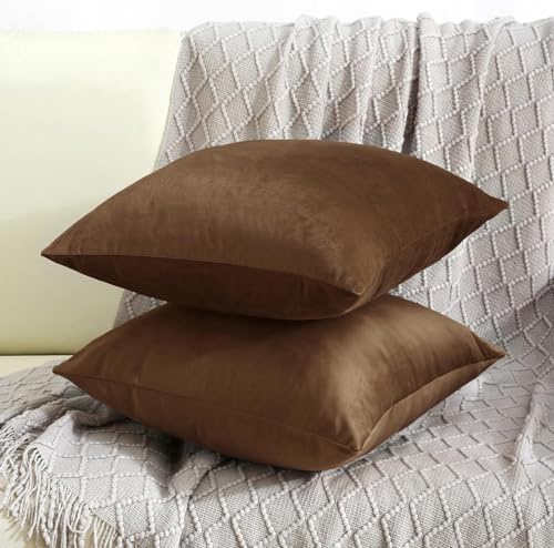 Image of Amazon Brand - Umi Velvet Decorative Cushion Cover 18x18 Inch - Set of 5, Soft Solid Square Throw Pillow Covers for Sofa, Living Room or Home Decor - 45x45 cm in Brown Color