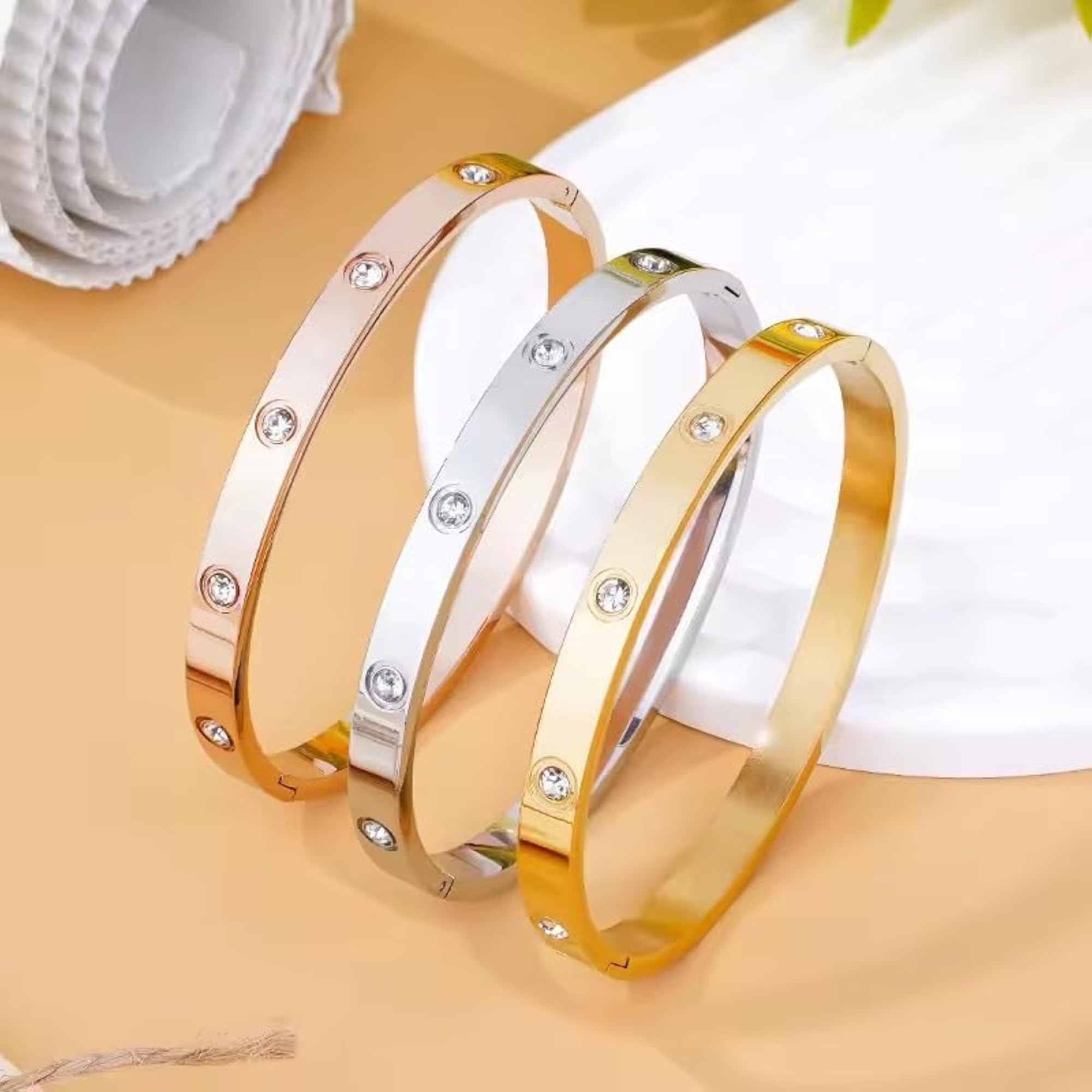 18K Gold Plated Stainless Steel Openable Crystal Bracelet, Cuff Bangle