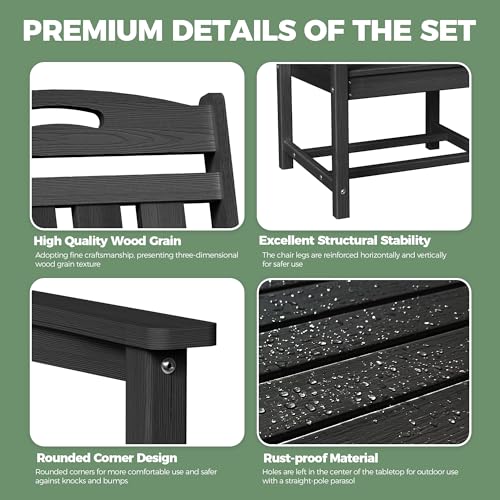 Image of HDPE Outdoor Dining Set, Patio Table and Chairs Set, All-Weather 7-Piece Outside Table and 6 Chairs, 2 inch Umbrella Hole, Outdoor Furniture for Garden, Poolside, Backyard, Deck | Black