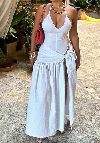 Image of Geulis Womens Summer 2 Piece Dress Sets Sexy Halter Backless Thong Bodysuits Wrap Maxi Skirt Beach Cover Up Vacation Outfits