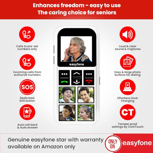 Image of easyfone Star - Senior Safety Phone with GPS Tracking, SOS Button, Auto Call Back, Discreet Listening, No Internet, Photo Speed Dial, Caregiver App, Long Battery, Dock Charger - by SeniorWorld
