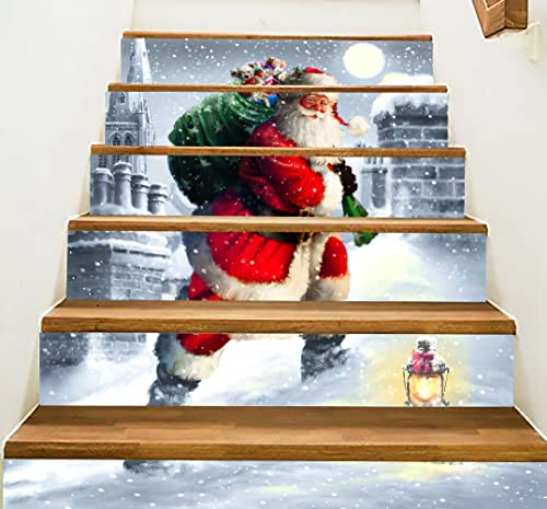 3D Christmas Santa Stair Stickers Decals-6Pcs/Set Christmas Santa Claus Stair Risers Stickers Decals Removable Staircase Decals Vinyl Wall Stickers for Stair Steps Christmas Decoration