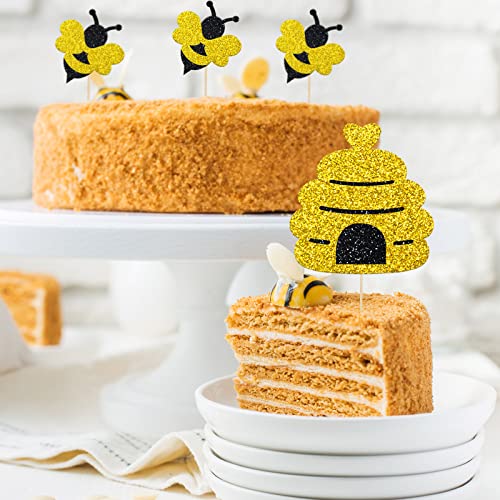 Whaline 64Pcs Glittery Bee Cupcake Topper With Sticks Glue Point Yellow Black Glitter Bee Honeycomb Cupcake Picks Summer Food Picks For Bee Theme Party Supplies Cake Decorations #TOP2