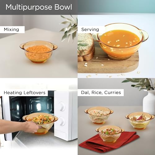 Image of The Better Home Set of 4 Borosilicate Glass Bowls | 450 ml Each | Microwave Safe | Scratch Resistant | Serving & Mixing Bowls for Kitchen | Round | Transparent | Amber