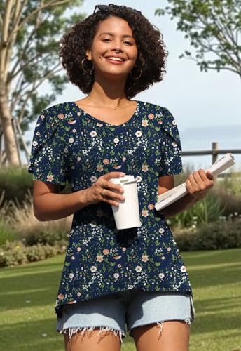 Image of CATHY 2026 Women Tops Summer Short Sleeve Tunic V Neck T-Shirts Loose Casual Floral Blouse S-4XL