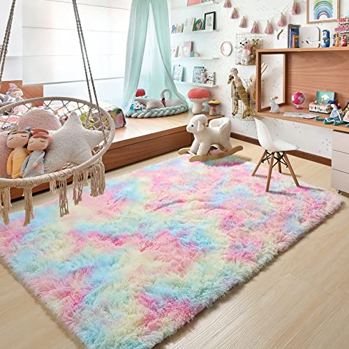 Rugtuder Fluffy Rugs For Living Room, 8X10 Area Rugs, Cute Kids Rugs For Bedroom Girls, Rainbow Rug, Shag Rug For Kids' Playroom, Fuzzy Soft Rug For Baby Nursery Dorm, Kawaii Princess Rug, Large Rug #TOP3