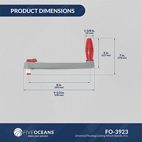 Five Oceans Fo3923 Universal Floating Lock-In Style Winch Handle, 8 Inches (203 Mm), Fiberglass Reinforced Plastic, Ball Bearing Grip Handle, Grey And Red #TOP6