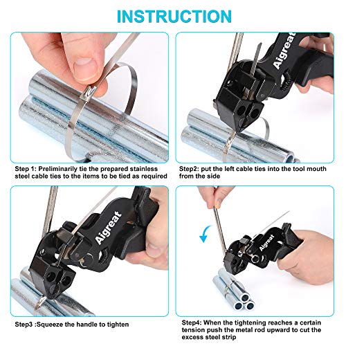 200PCS Metal tie wrap gun Kit, Aigreat Stainless Steel Cable Tie Gun Adjustable Tensioning and Cutting Tool with 200pcs 304 Self-Locking Stainless Steel Cable Ties of sizes 4.6x270mm
