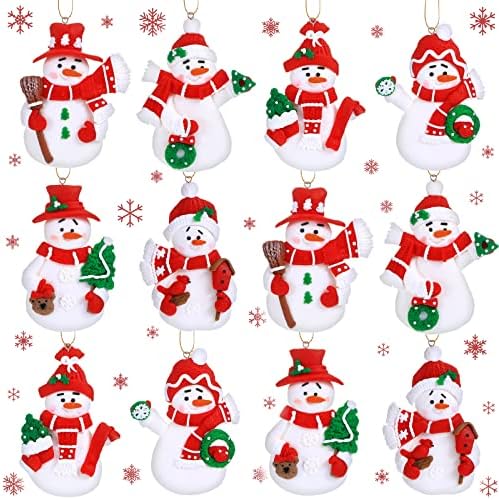 Snowman Christmas Tree Ornaments Vintage Christmas Decorations Mini Polymer Clay Christmas Ornaments for Snowman Christmas Tree Pendant (Red,12 Pieces)