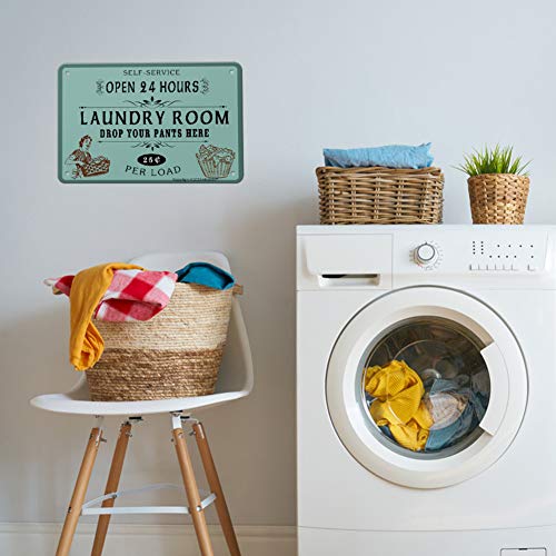 Anjooy Retro Metal Tin Signs - Self Service Open 24 Hours Laundry Room Drop Your Pants Here 25 Per Load - Vintage Iron Sign For Commercial Home Cafes Homes Bars Funny Door Art Wall Decor 8"X12" #TOP1