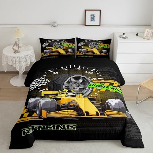 Image of Feelyou Kids Yellow Race Car Comforter Set Queen Size, Racing Car Bedding Set Karting Road Duvet Insert Boys Girls Teens Bedroom Decor 3Pcs
