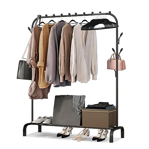 YORKING Kleiderständer Garderobenständer Metall Kleiderstange mit Ablagen 146x110x39cm Freistehender Kleiderbügel Garderobe Wäscheständer Trockengestell Ständer für Schlafzimmer Schwarz