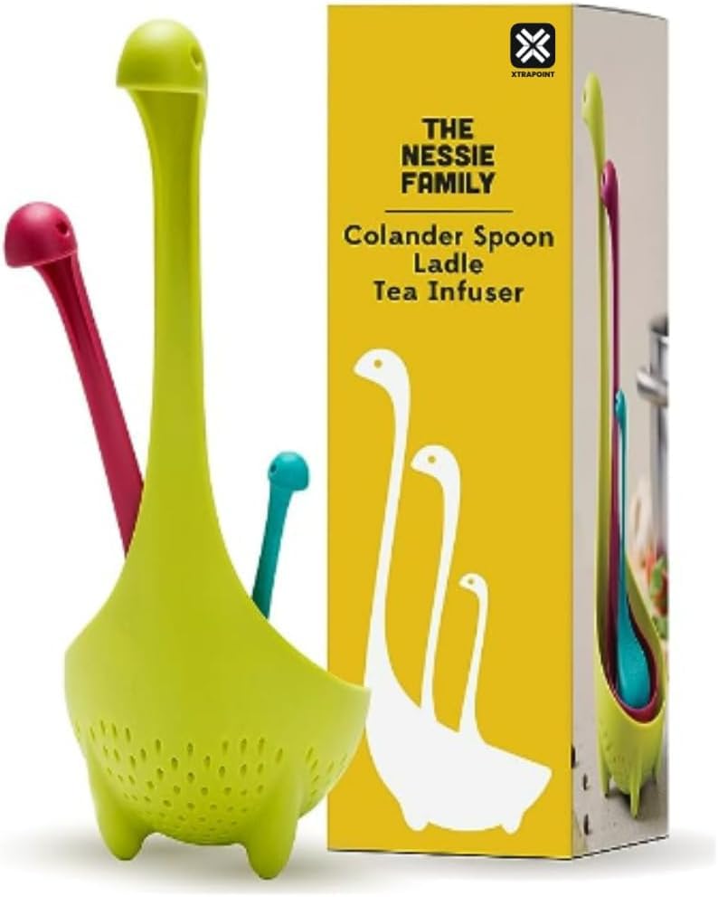 Xtrapoint | The Nessie Family | Food grade liquid draining spoon | Heat Resistant | Color: Green, Turquoise, Purple | Dimensions LxWxH: 10.43 x 3.15 x 4.33 inches