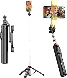 Bastão Tripé Para Celular 360º Dobrável Pau De Selfie Bluetooth Com 2 Led Mini Controle Remoto 3 em 1 Câmera Selfie Stick (PRETO) H'MASTON Linha Super Premium