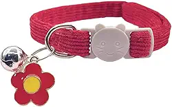 Linda coleira de gato breakaway ajustável de veludo cotelê coleira para animais de estimação com pingente de sino e flor para gatos e cães pequenos, vermelha