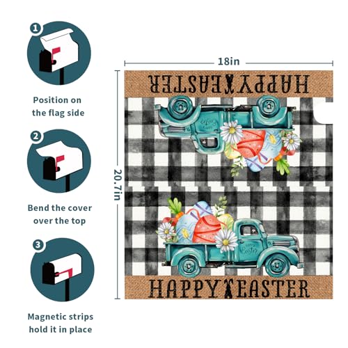 Image of Happy Easter Buffalo Plaid Truck Eggs Mailbox Cover - Standard Size 18 X 21 Inch Spring Holiday Mailbox Wrap Post Letter Box Decorative for Home Outdoor Garden
