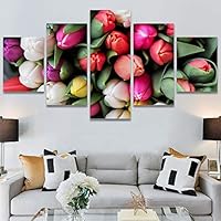 SIGNWIN 5 Panel Canvas Wall Art Modern Art Bouquet Colorful Cool Floral Group Multicolor Photography Realism Romantics for Home Decorations Ready to Hang - 60