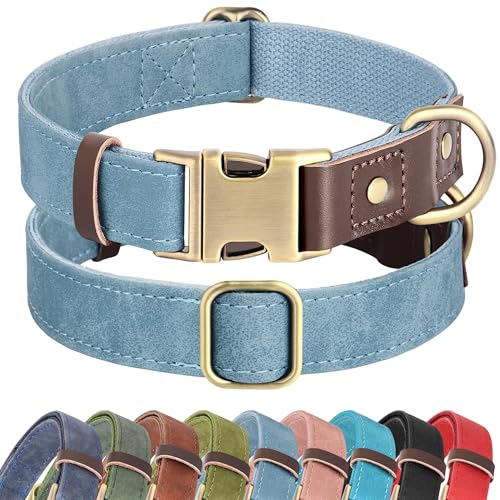 Image of Didog PU Leather Dog Collar for Large Dogs, Soft Nylon Lining,Denim Blue XL