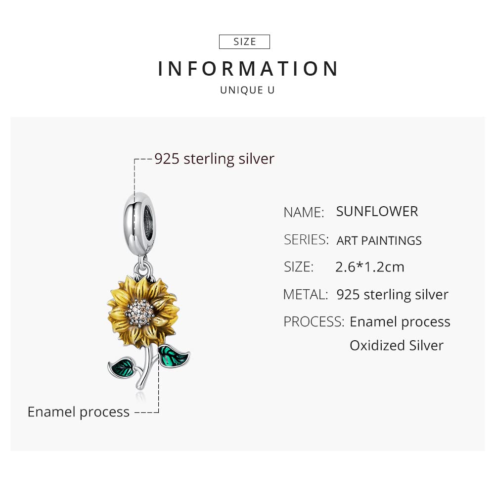 Qings Ciondolo Girasole Charms Argento Sterling 925 Sunflower Fiore Oro Ciondoli con Zirconi Cubici Compatibile con Braccialetti e Collane