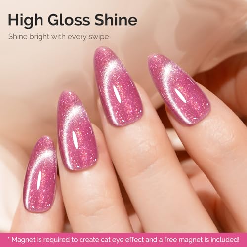Image of MelodySusie Starry Cat Eye Gel Nail Polish, 0.5 Fl Oz Pink Glitter Holographic Magnetic Nail Polish with Magnet, UV Nail Polish for Nail Art Manicure Salon DIY at Home G1602