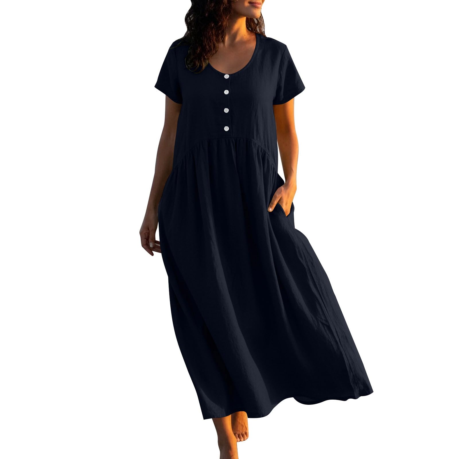 Aopir Women's Boho Beach Cotton Linen Dress Loose Flowy Short Sleeve Midi Soft Breathable Bohemian Summer Dresses