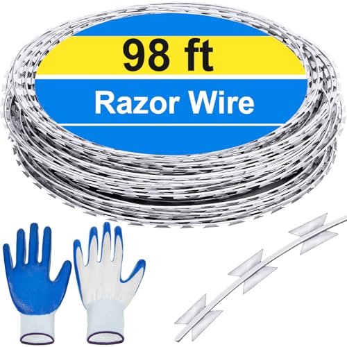 Hoolerry 98Ft Razor Wire Fencing Concertina Barbed Wire Fence Galvanized Steel Razor with Protective Gloves for Garden Wall Farm Factory Back Yard Security