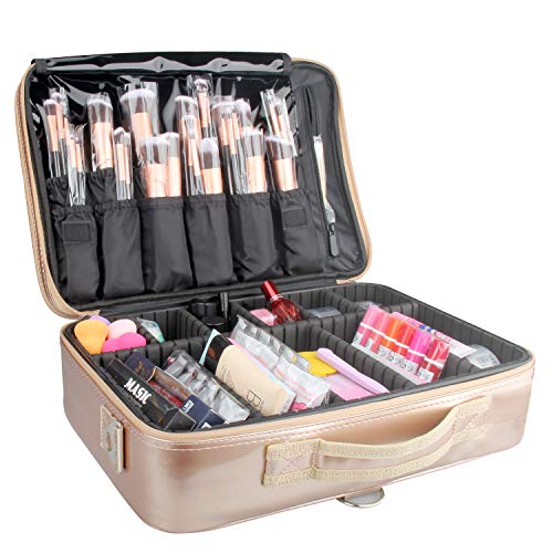 Large Professional Makeup Train Case, Rose Gold Waterproof Travel Cosmetic Bag 3 Layer Cosmetic Case With Adjustable Detachable Shoulder Strap