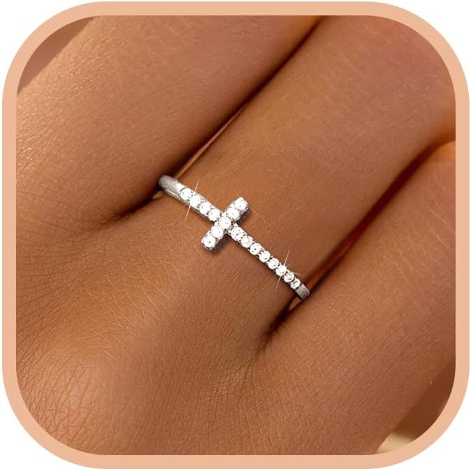 LOVECOM 925 Sterling Silver Cross Cubic Zirconia Rings for Women Eternity Purity Promise Ring Thin Thumb Ring Christian Confirmation Baptism Religious Jewelry Birthday Gifts for Mom Daughter
