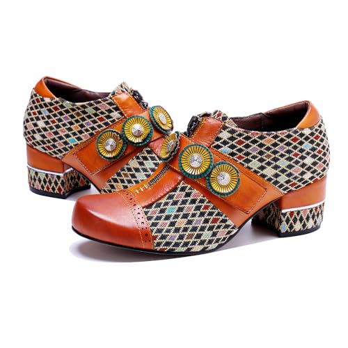 CrazycatZ Leather Pumps,Womens Colorful Vintage Block Heel Shoes4