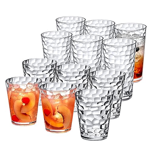 Amazing Abby Iceberg 16-Ounce and 24-Ounce Tumblers (Set of 12), Clear Drinking Glasses, Reusable Plastic Cups, Stackable, BPA-Free, Shatter-Proof, Dishwasher-Safe
