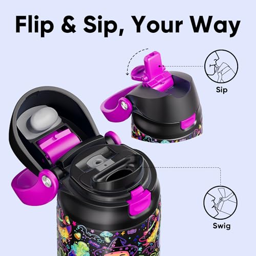 Image of Encool SwiftSip Insulated Stainless Steel Water Bottle with Straw - Leak Proof Sports Water Bottle for School, Travel, Keeps Cold All Day, One-Touch Flip Lid, BPA-Free, 24 oz, Meowgic Night