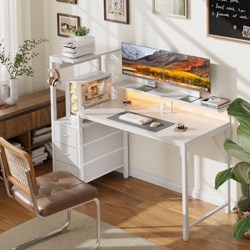 Image of HLDIRECT 60 inch Gaming Desk with 3 Fabric Drawers & Side Hooks-Reversible Home Office Computer Desk with Power Outlets & Led Lights, Gamer Desk Table with Monitor Stand, White