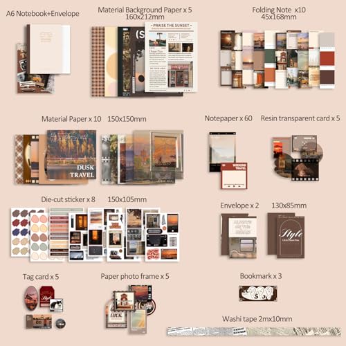 Image of Scrapbooking Supplies Kit, Aesthetic Daily Life Travel Scrapbook Kit for Bullet Junk Journal, Stationery, A6 Grid Notebook, Flower DIY Journaling Supplies, Birthday Craft Gift Teen Girl Women
