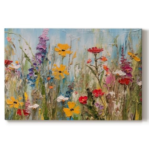 Renditions Gallery Abstract Wall Art Paintings For Lounge Floral multicolor Textured Flowers Field Canvas Artwork Wall Hangings for Home Kitchen Bedroom - 32"x48" LT571