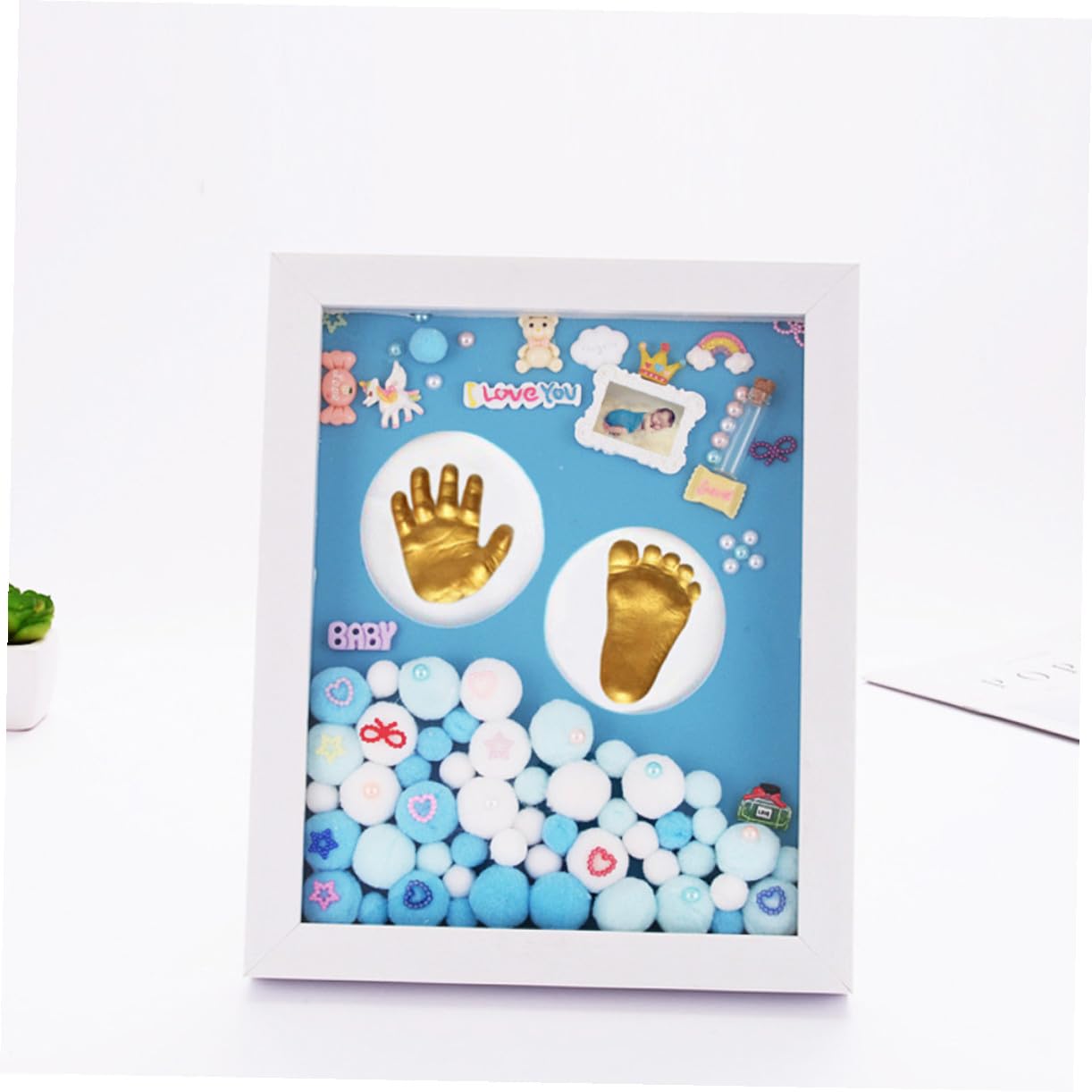 Cornice Portafoto Impronta della Mano e Piede del Set Ricordo Battesimo in Acrilico Resistente Confezione Regalo Blu per Genitori e Neonati