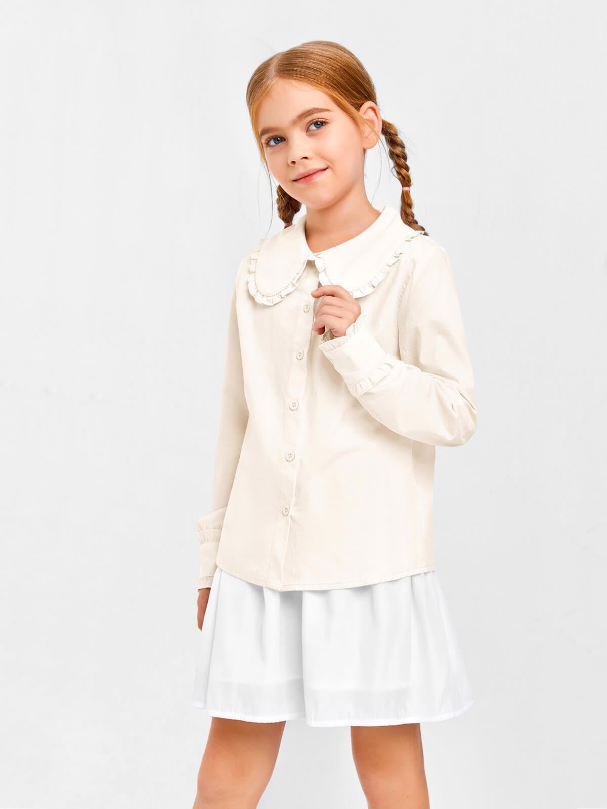 Haloumoning Camisa clásica de manga larga con botones y cuello de muñeca para niñas, blusa suave