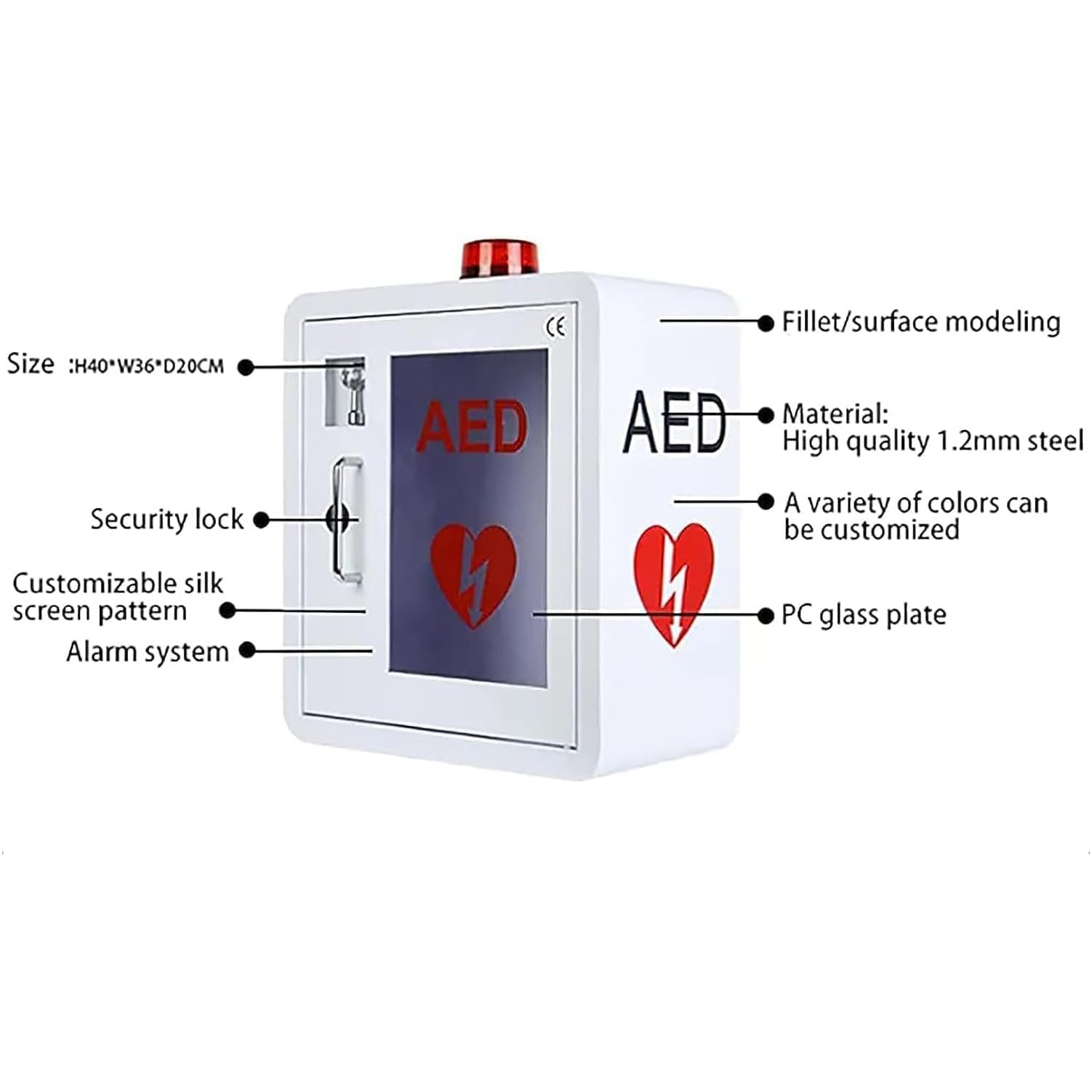 AED-Wandschrank, Stahlschrank mit Schnappverschluss, wandmontierter AED-Alarmkasten für den Außenbereich, blinkendes Alarmlicht, Edelstahlgriff, für Notfälle zu Hause, im Büro und an öffentlichen Or