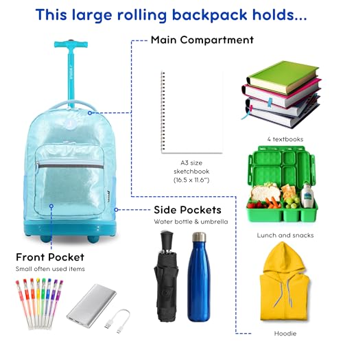 Image of J World Sunrise Kids Rolling Backpack with Wheels for Girls Boys, Roller Bookbag for School, 18 x 13 x 9 Inches, Metallic Teal