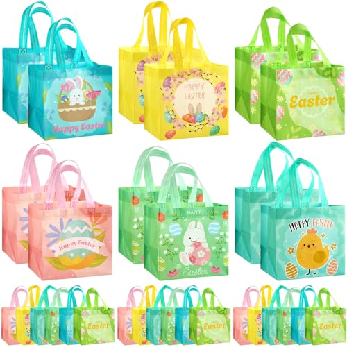 Chapou 30 Pcs Easter Bags with Handle Easter Reusable Waterproof Non Woven Goodie Treat Tote Bags Bulk (Elegant Style)
