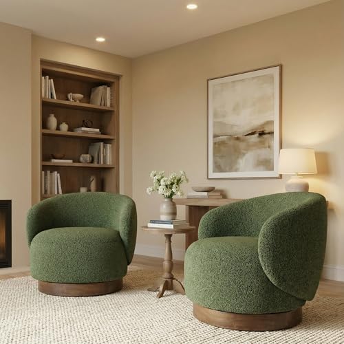 Image of KISLOT Swivel Accent Chair Round Barrel Armchair Upholstered Performance Fabric for Living Room Bedroom Waitingroom,2 Box,Moss Green-Boucle