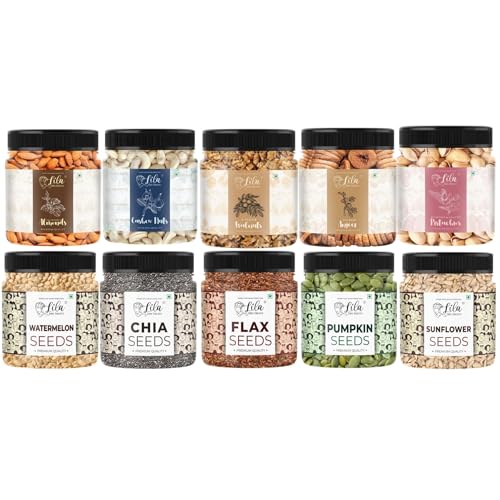 Image of LILA DRY FRUITS Premium Gifting Combo Dry Fruits and Seeds Mix 10 in 1 (100g x 10) Almond Cashew Pistachio Walnut Anjeer Pumpkin Sunflower Watermelon Chia Flax Healthy Snack Pack Perfect for Gifting