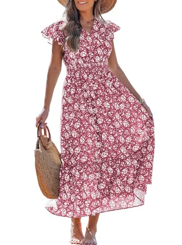 Benfoly Womens Summer Floral Midi Dress V Neck Short Sleeve