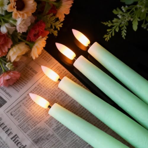 Image of Spring Green LED Taper Candles Battery Operated Remote, 4 Pack | Real Wax 3D Flickering Flame, 0.78 inch x 8.1 inch, Fits Holders, 2 /4 /6 /8H Timer, Spring Green Candlesticks for Party Decor