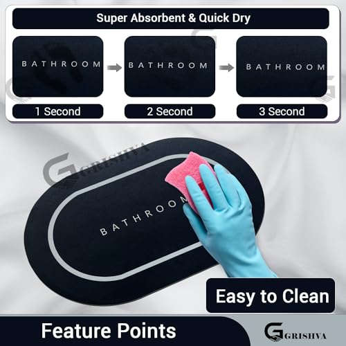 Image of GRISHVA Rubber 3.5mm Anti-Skid Water Soaking Bathroom Print Door Mat, Water Absorbent Mat (40x60cm) Black, Oval