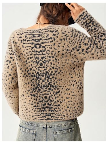 MakeMeChic Women's Leopard Print Button Down Cropped Cardigan Sweaters V Neck Fuzzy Long Sleeve Knit Tops2