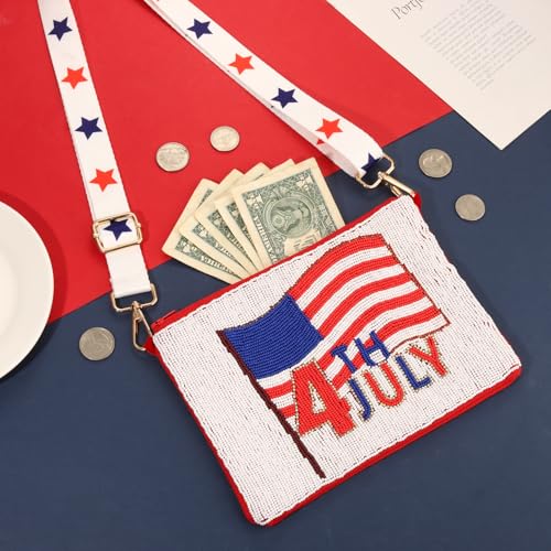 Image of 4th of July Purse for Women Sequin Beaded USA Star Purse American Flag Crossbody Shoulder Bag 4th of July Outfits