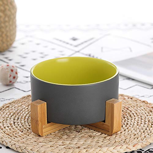 Image of Gray Green Ceramic Dog Bowl with Wood Stand No Spill Pet Food Water Feeder Cats Small Dogs