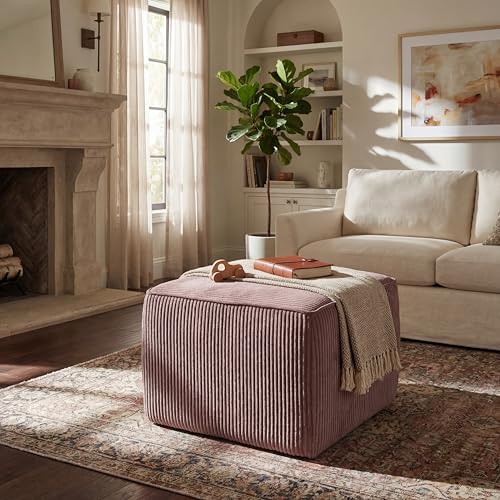 Christopher Knight Home Isa Corduroy Pouf Ottoman Foot Rest, Square Fabric Pouffe Ottoman Footstool, Living Room Sofa Couch Extra Seat, Modern Coffee Table for Home Office/Bedroom, Dusty Pink